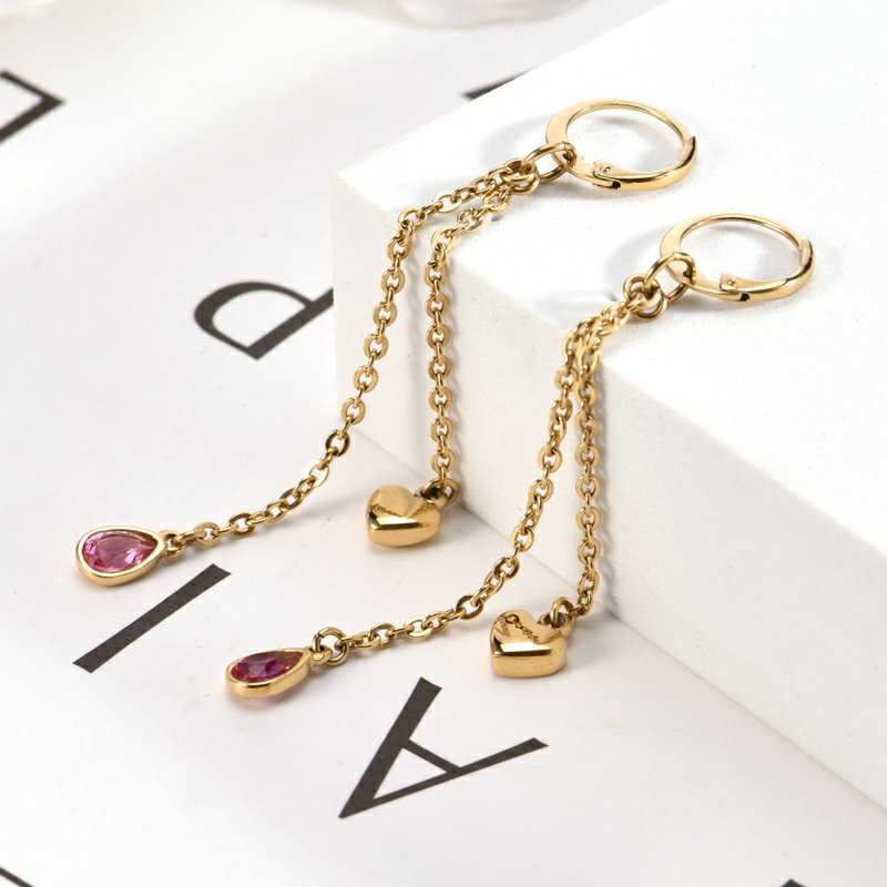 Trendy 2021 Fashion Gold Plated Heart Charm Earrings 316L Stainless Steel Crystal Tear Drop Earrings