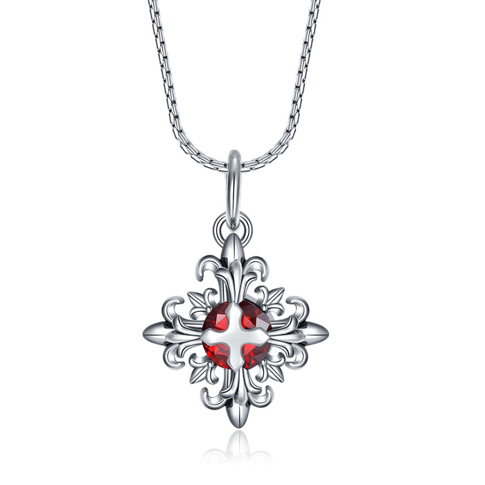 Stainless Steel Cross Pendant Necklace with Red Crystal