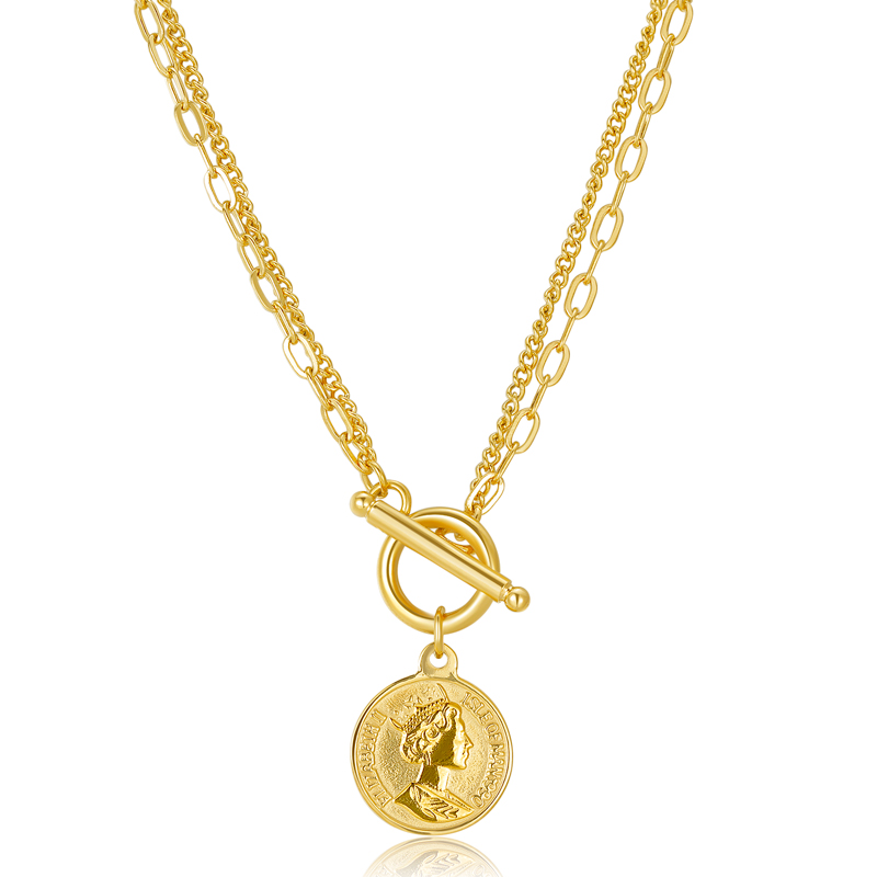 18k Gold Elizabeth Coin Layered Necklaces Stainless Steel Cross Chain