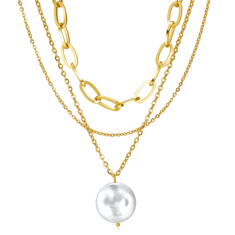 18k Gold Pearls Pendant Necklace Stainless Steel Layer Chains