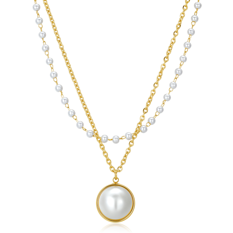 18k Gold Pearls Layer Necklace Chains with Stainless Steel for Women