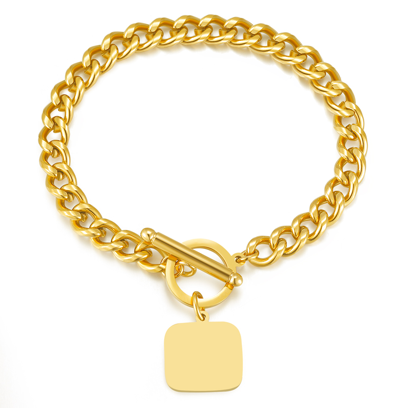 Custom Gold Cuban Link Bracelet with Stainless Steel Square Charm