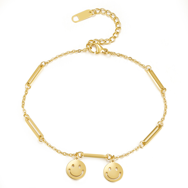 18K Gold Smile Face Charm Stainless Steel Anklets Chain for Women