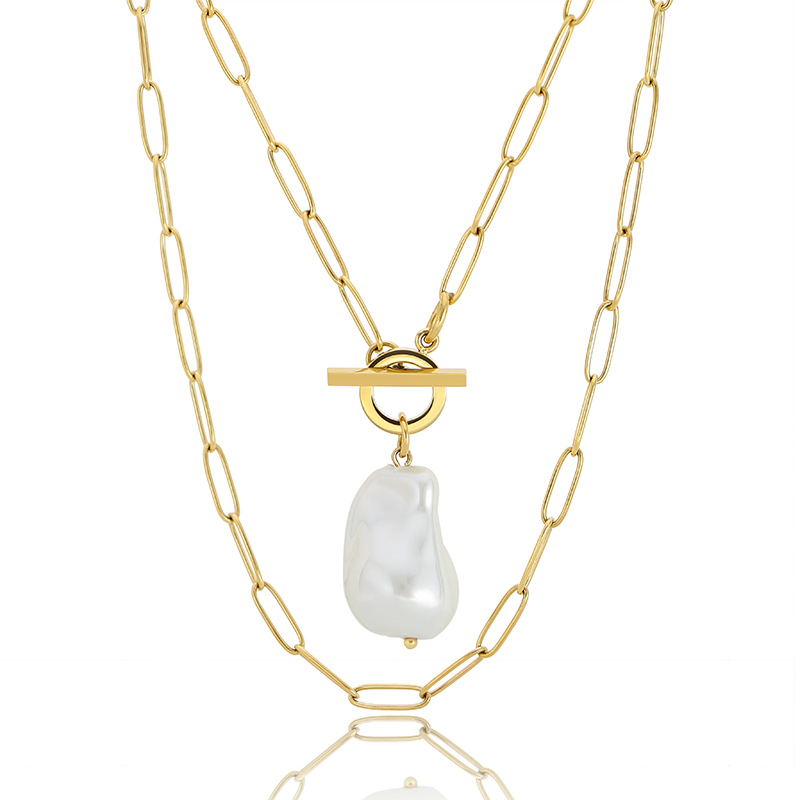 Baroque Pearl Pendant Charm 18K Layered Necklace Stainless Steel Gold Link Chain Jewelry with Toggle Clasp