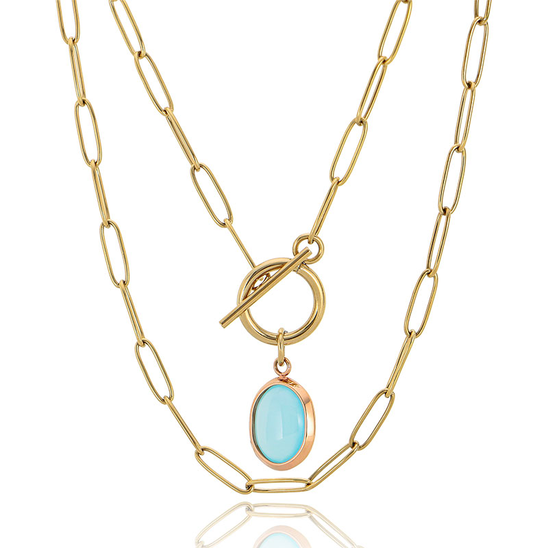 14K Gold Layered Necklace Blue Crystal Pendant Charm Stainless Steel Link Chain Jewelry with Toggle Clasp