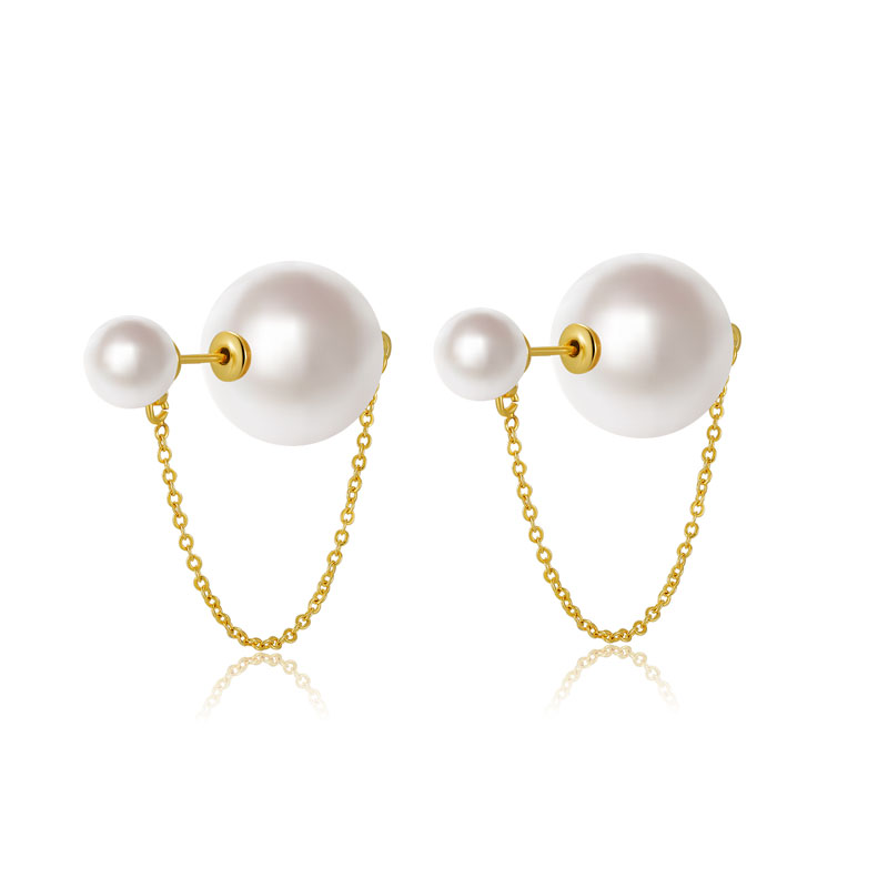 18K Gold Statement Pearls Stud Earrings with Stainless Steel Chain